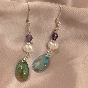Swarovski Pear Shaped Crystal Earrings with Natural Pearl & Faceted Amethyst.
